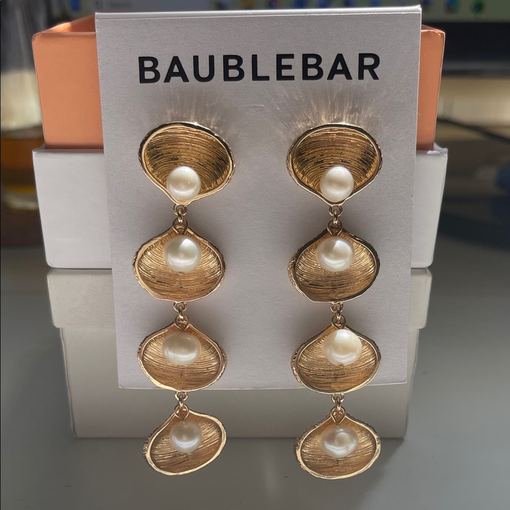 BaubleBar Gold Shell Pearl Drop Statement Earrings